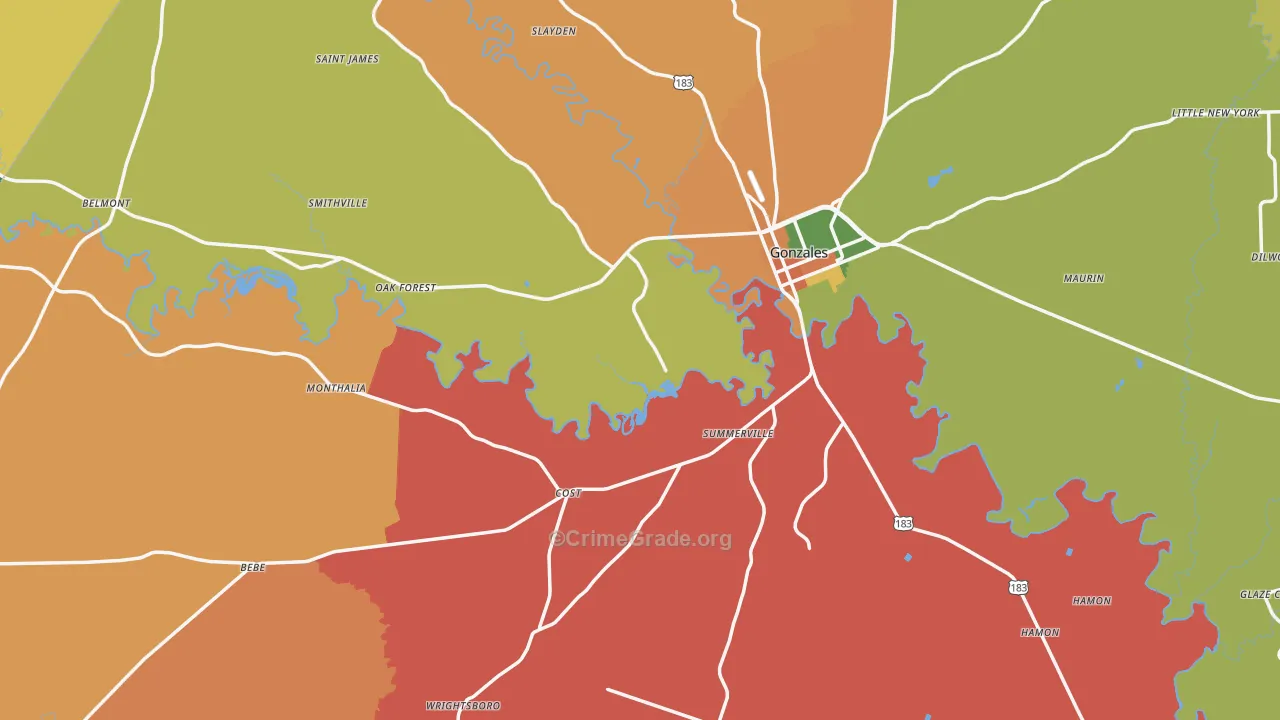 Gonzales County, TX Map of Burglary Rates
