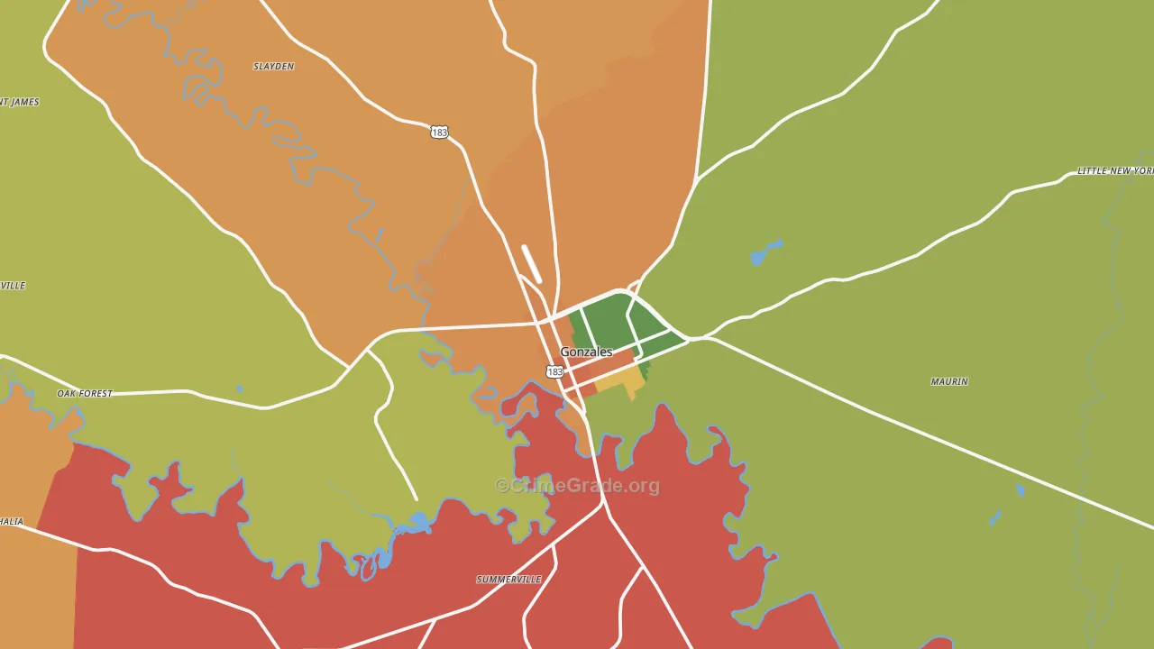 Gonzales, TX Map of Burglary Rates