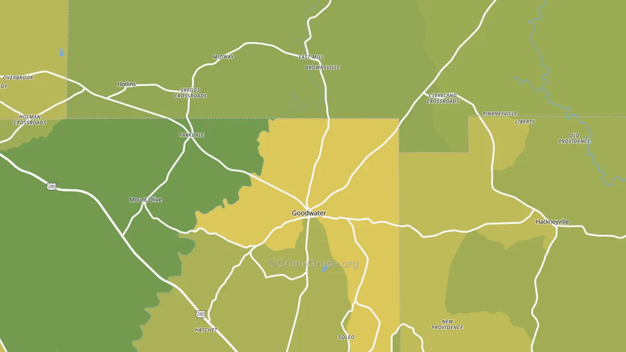 Goodwater, AL Map of Burglary Rates
