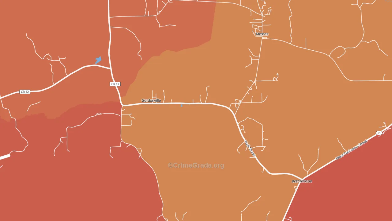 Gordonville, AL Map of Burglary Rates
