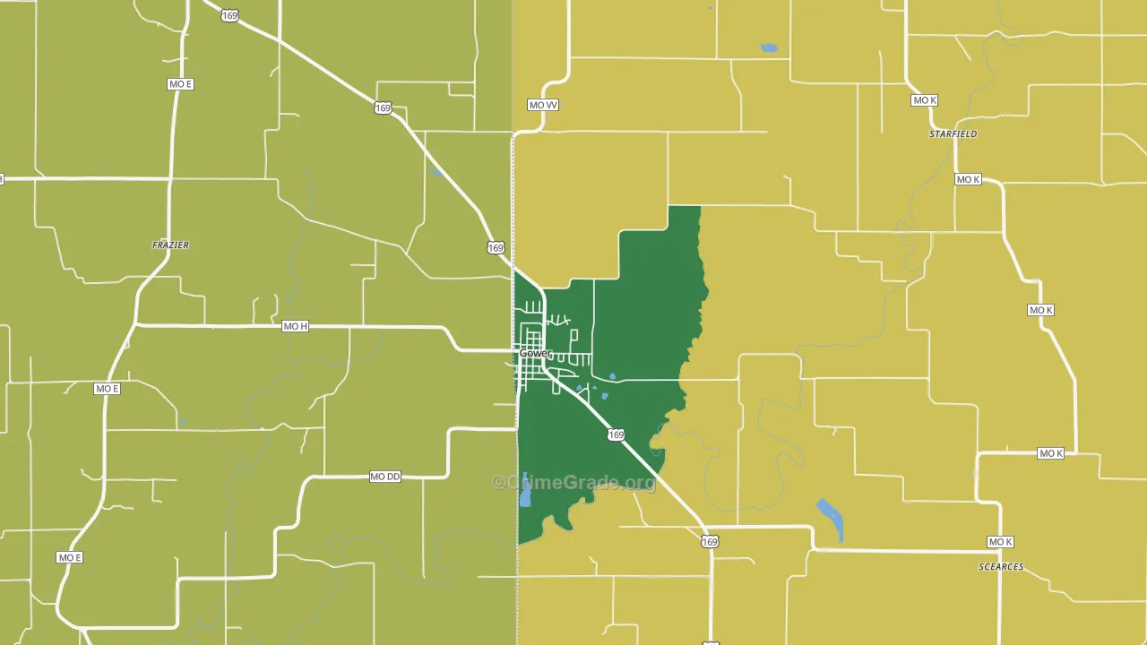 Gower, MO Map of Burglary Rates