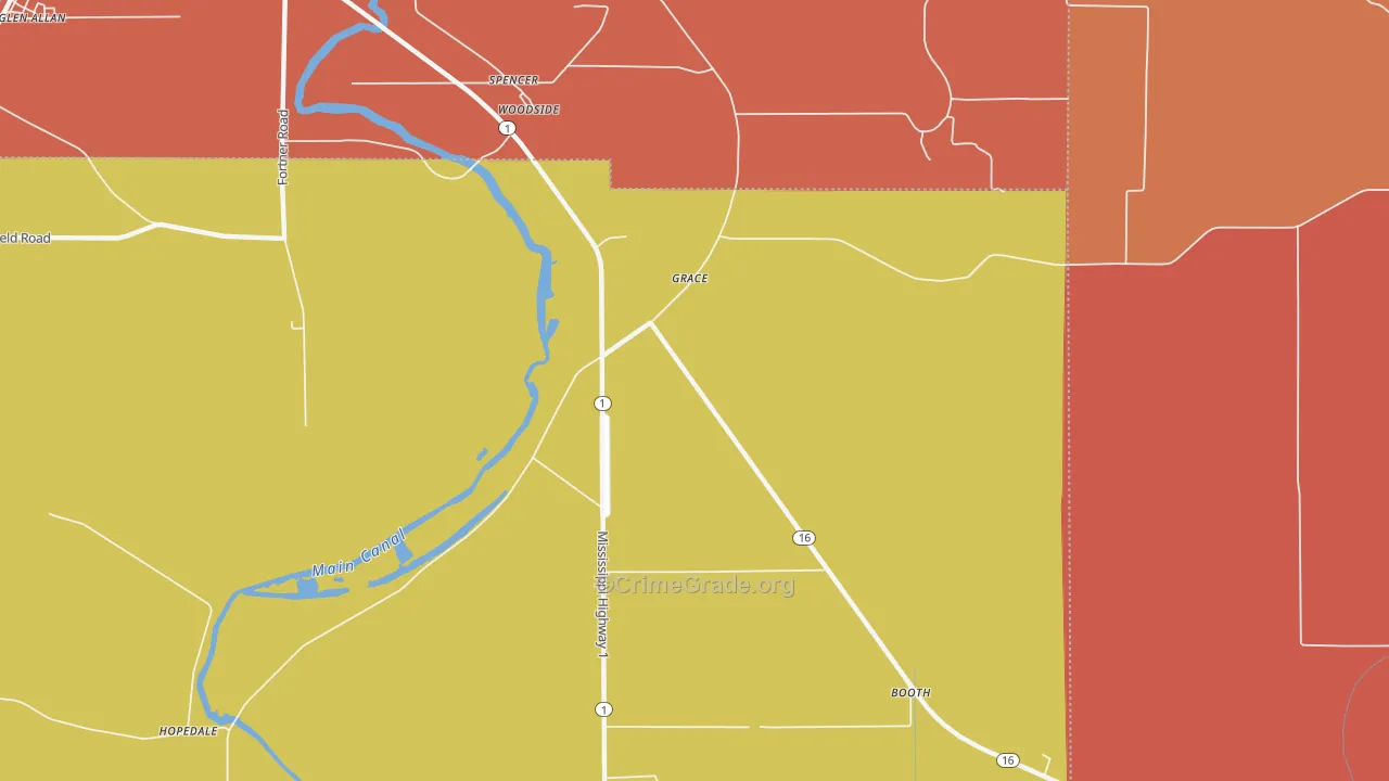 Grace, MS Map of Burglary Rates