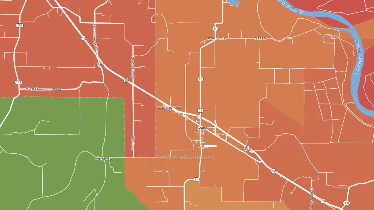 Grady, AR Map of Burglary Rates