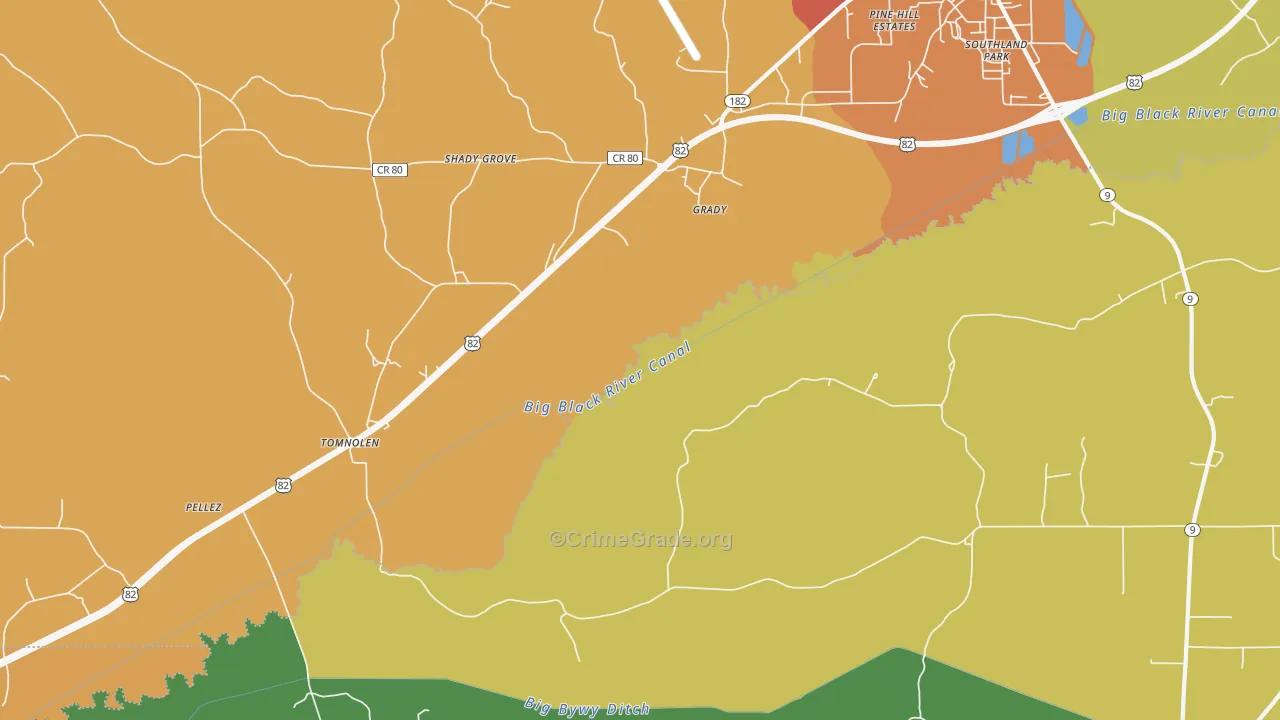 Grady, MS Map of Burglary Rates