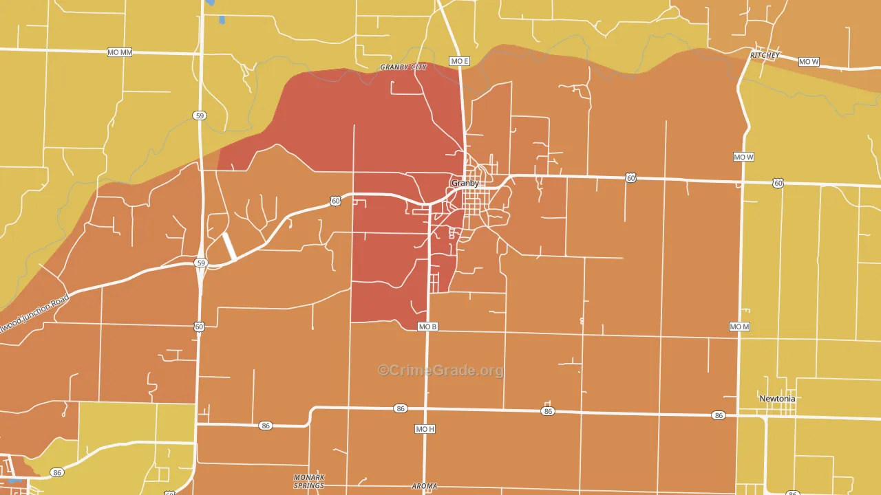 Granby, MO Map of Burglary Rates