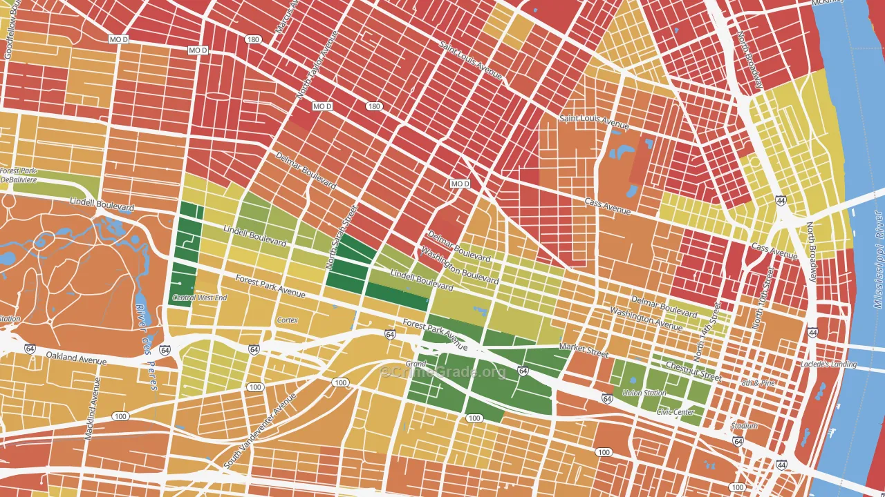 Grand Center, St. Louis, MO Map of Burglary Rates