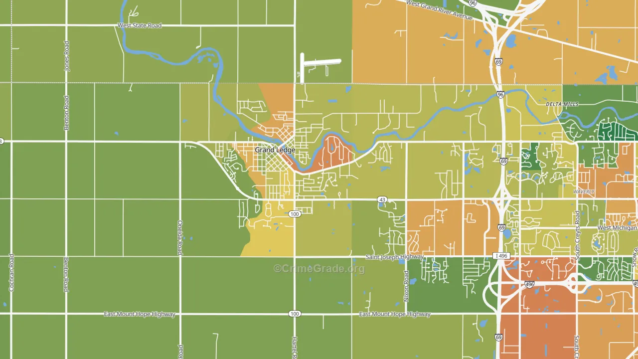 Grand Ledge, MI Map of Burglary Rates