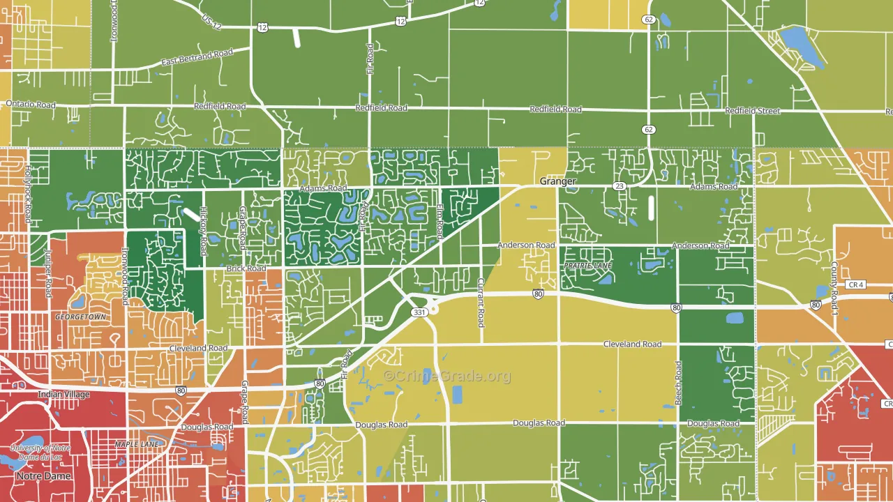Granger, IN Map of Burglary Rates