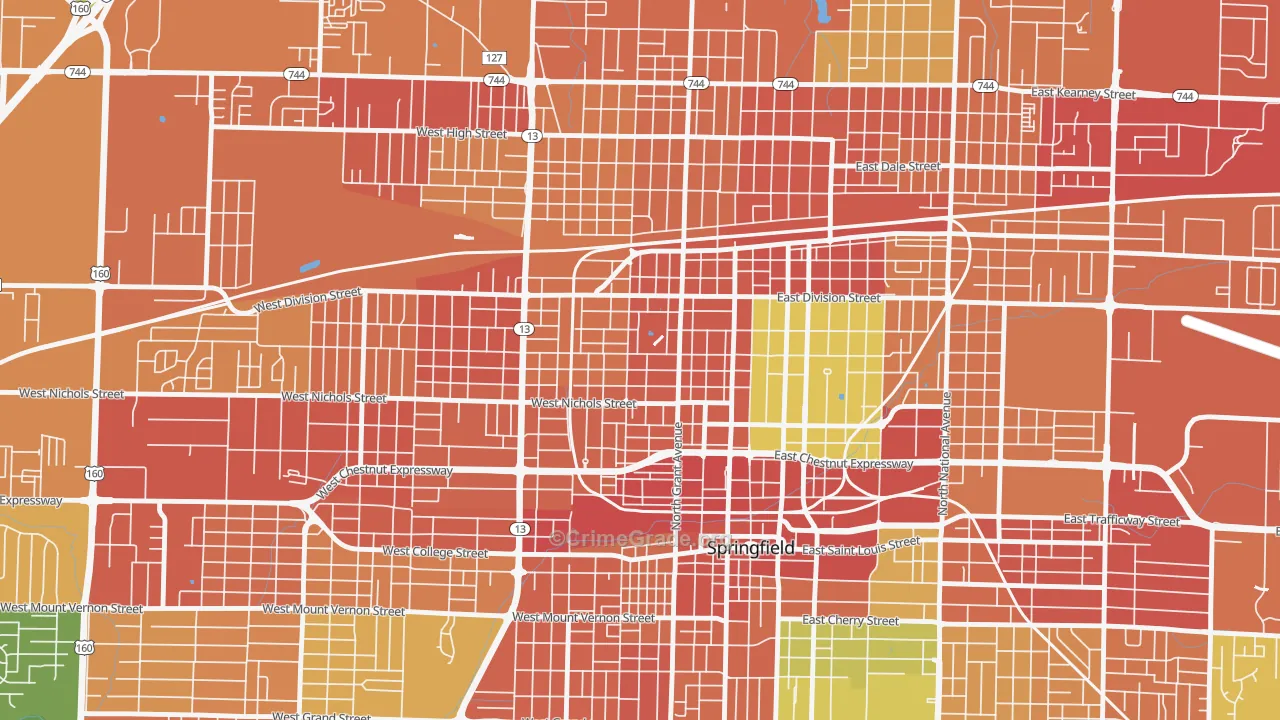 Grant Beach, Springfield, MO Map of Burglary Rates