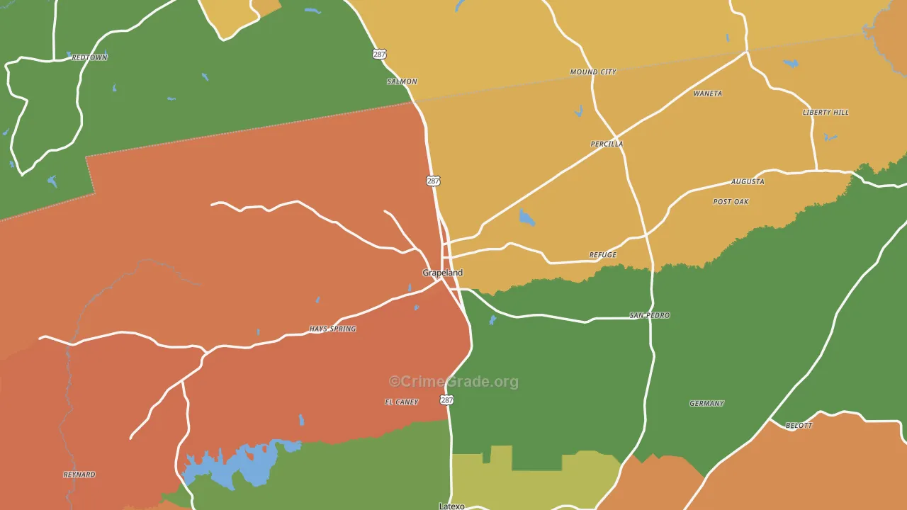 Grapeland, TX Map of Burglary Rates