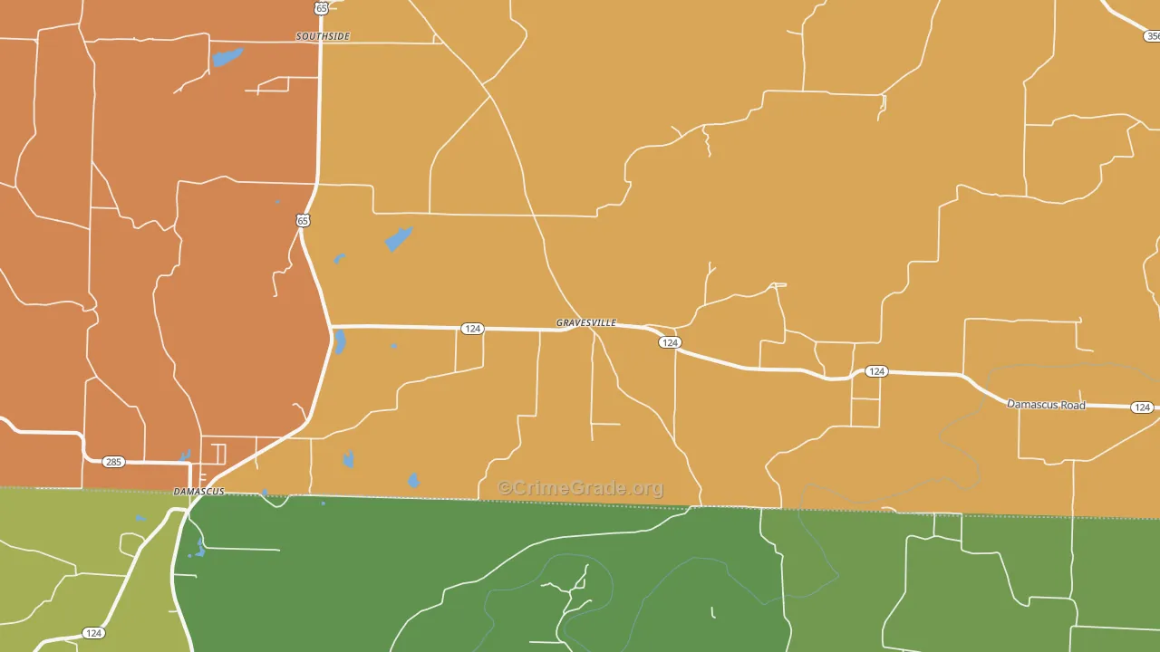 Gravesville, AR Map of Burglary Rates