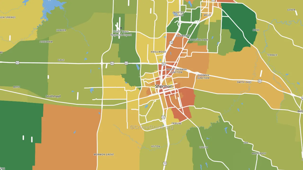 Grayson County, TX Map of Burglary Rates