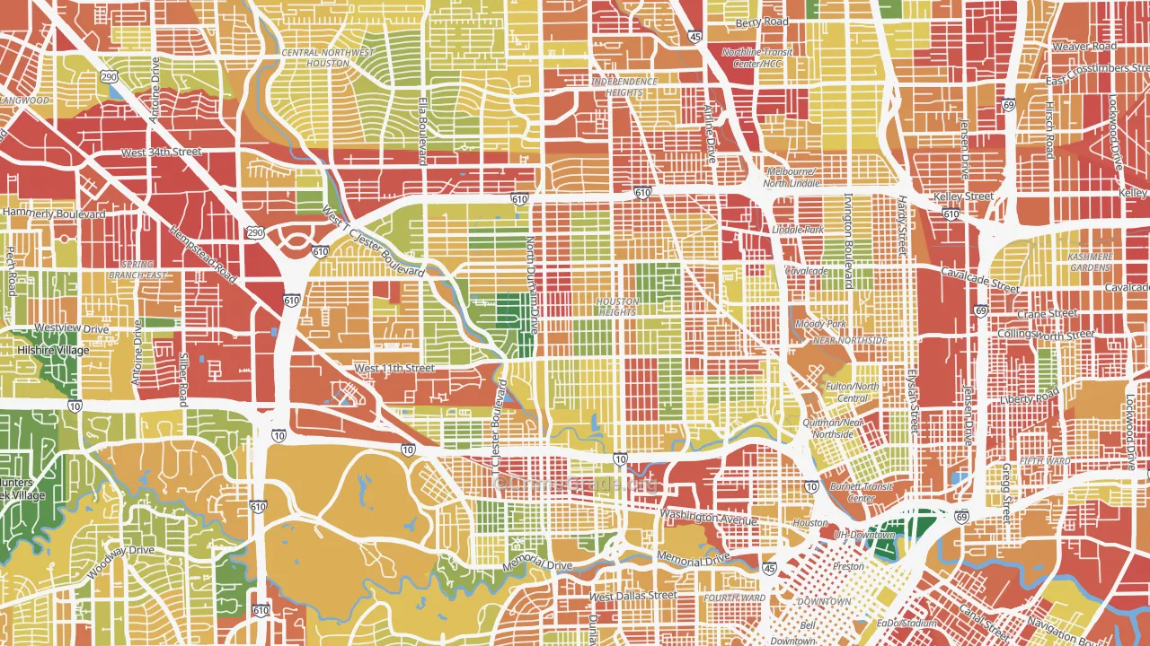 Greater Heights, Houston, TX Map of Burglary Rates