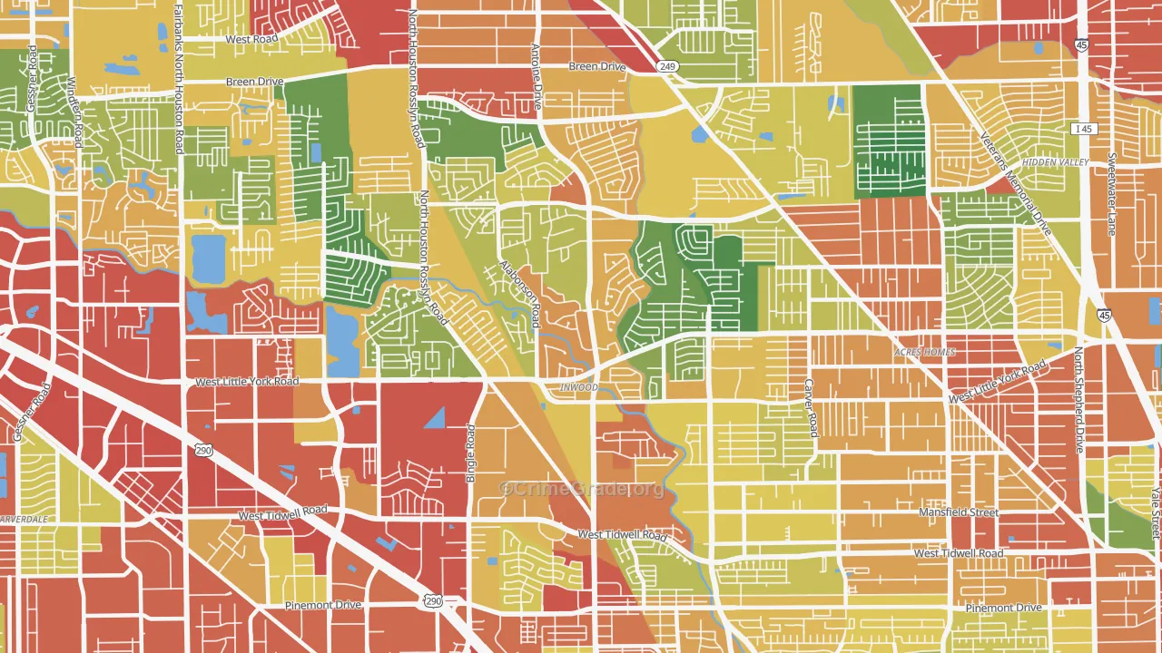 Greater Inwood, Houston, TX Map of Burglary Rates