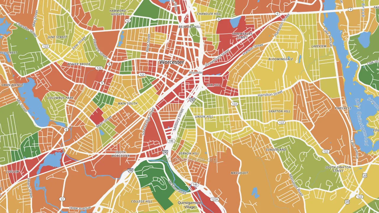 Green Island, Worcester, MA Map of Burglary Rates