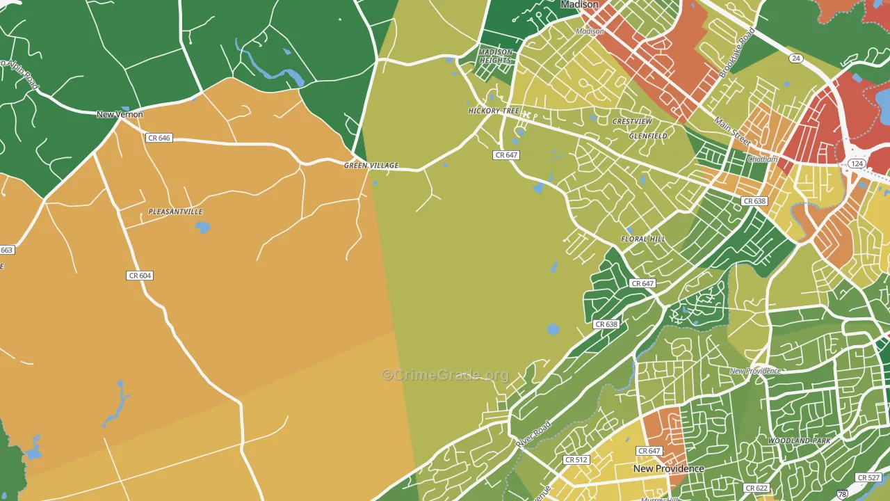 Green Village, NJ Map of Burglary Rates