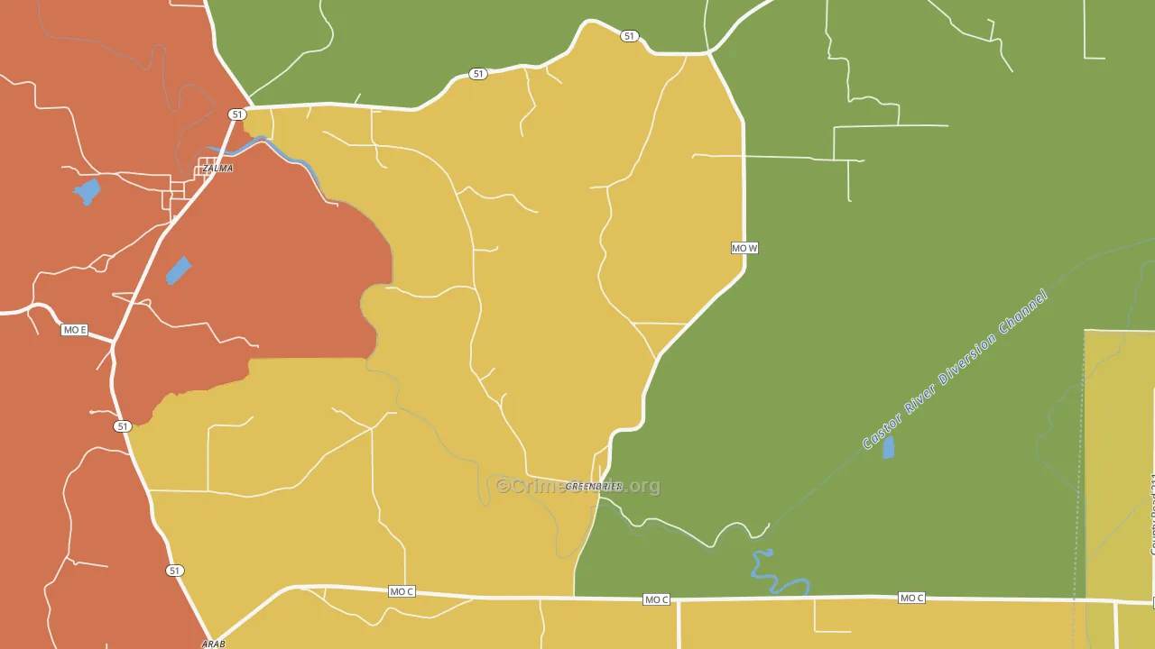 Greenbrier, MO Map of Burglary Rates