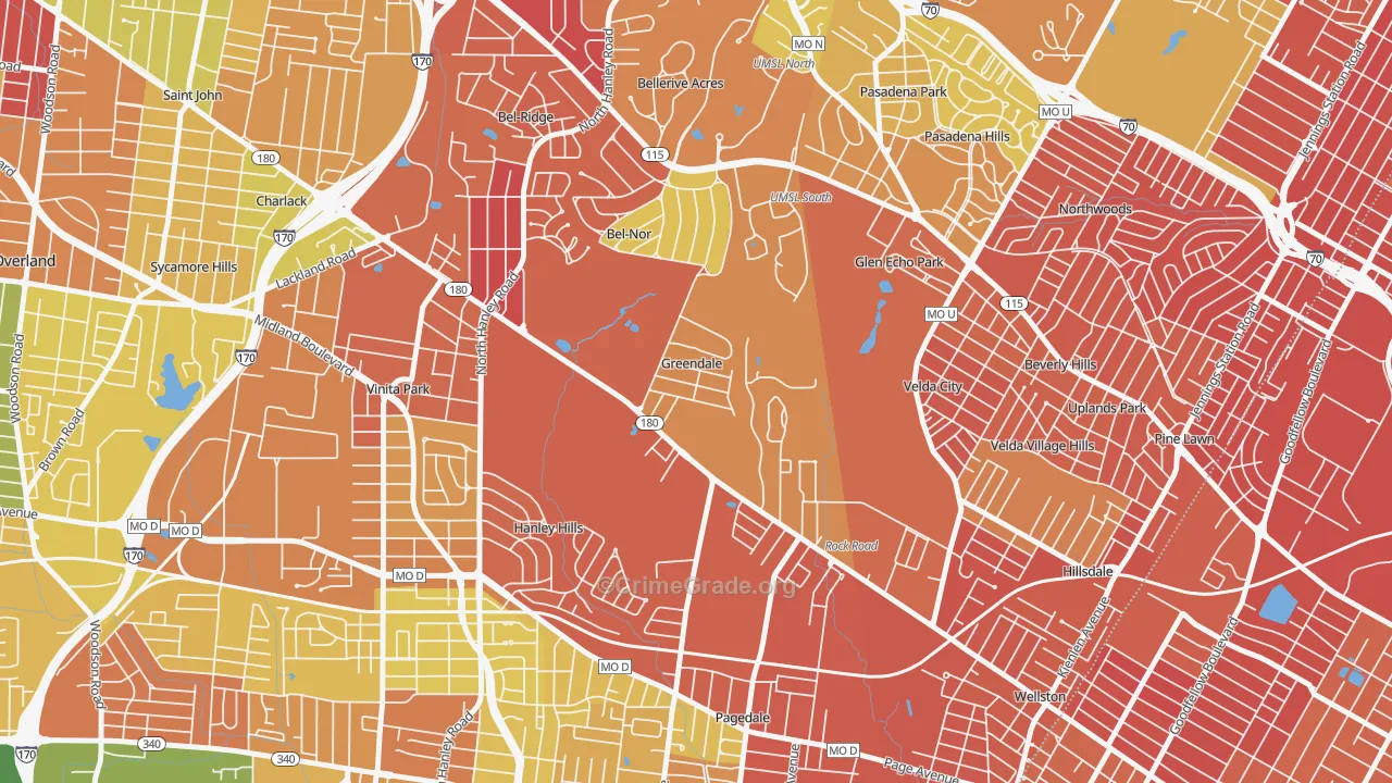 Greendale, MO Map of Burglary Rates
