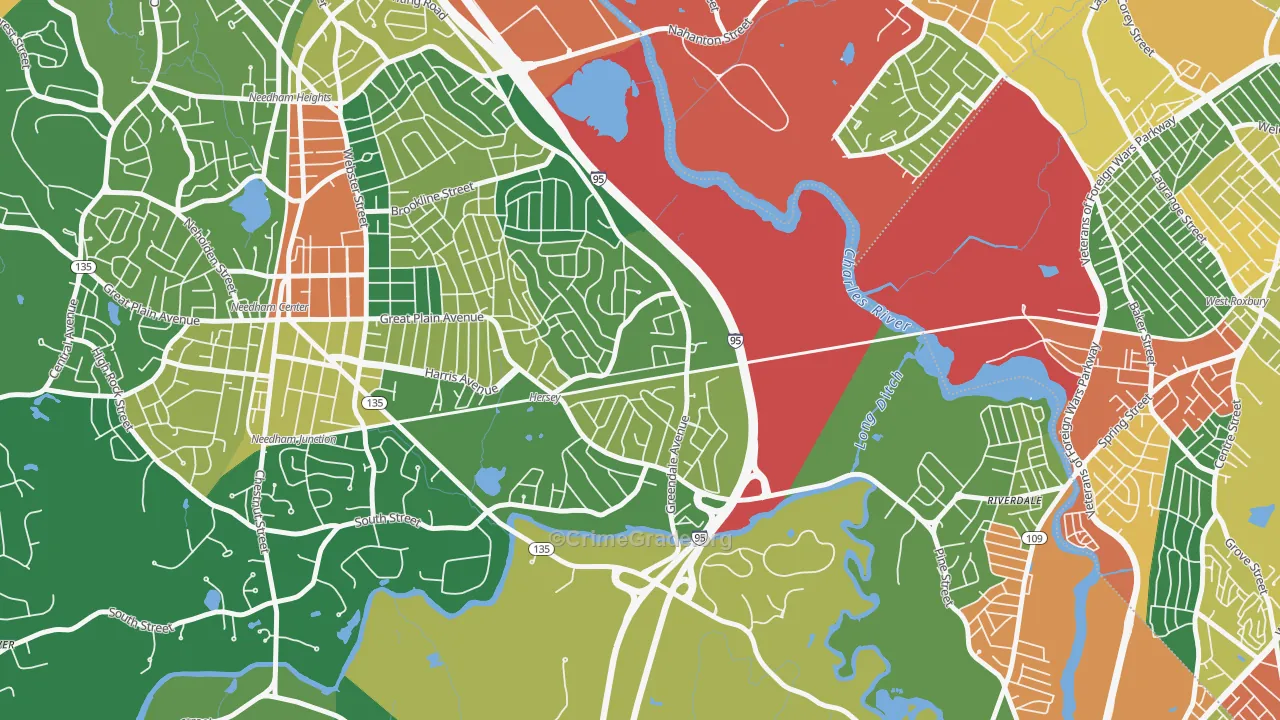 Greendale Village, Needham, MA Map of Burglary Rates