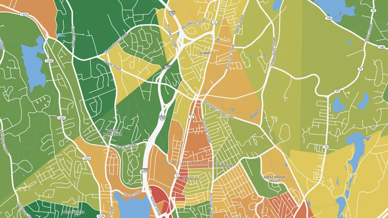 Greendale, Worcester, MA Map of Burglary Rates
