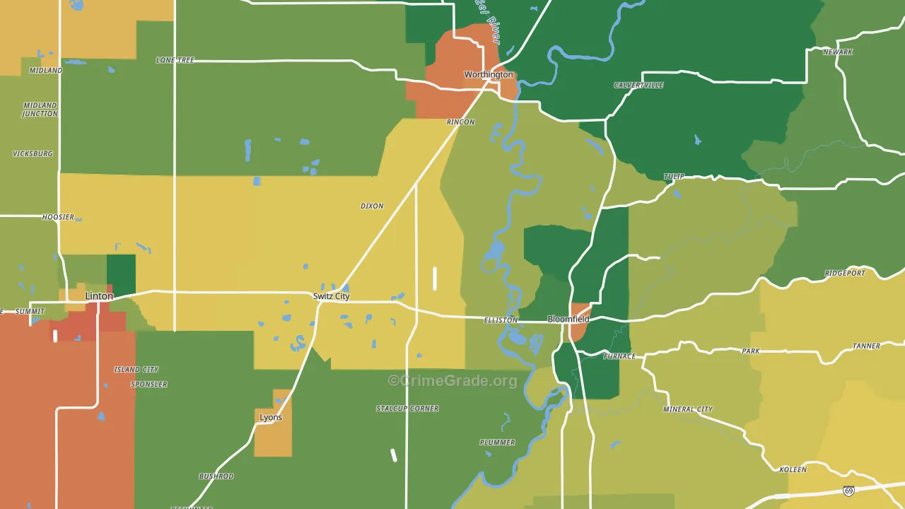 Greene County, IN Map of Burglary Rates