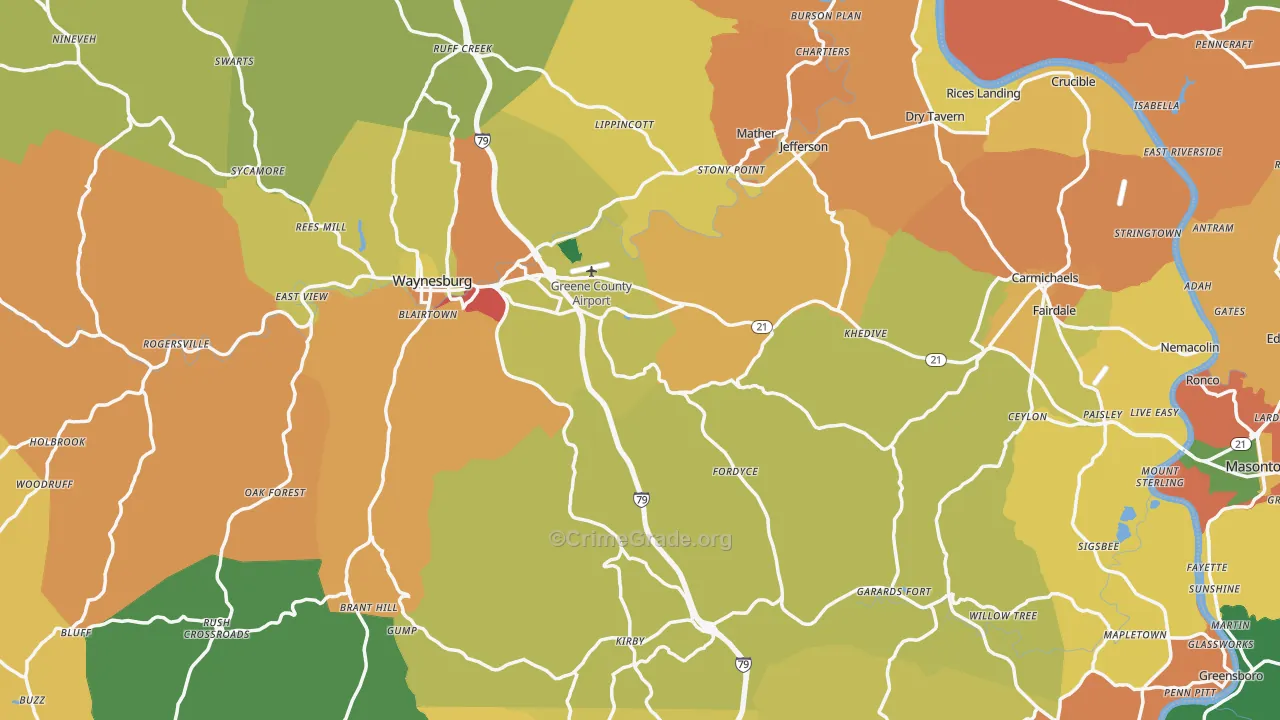 Greene County, PA Map of Burglary Rates