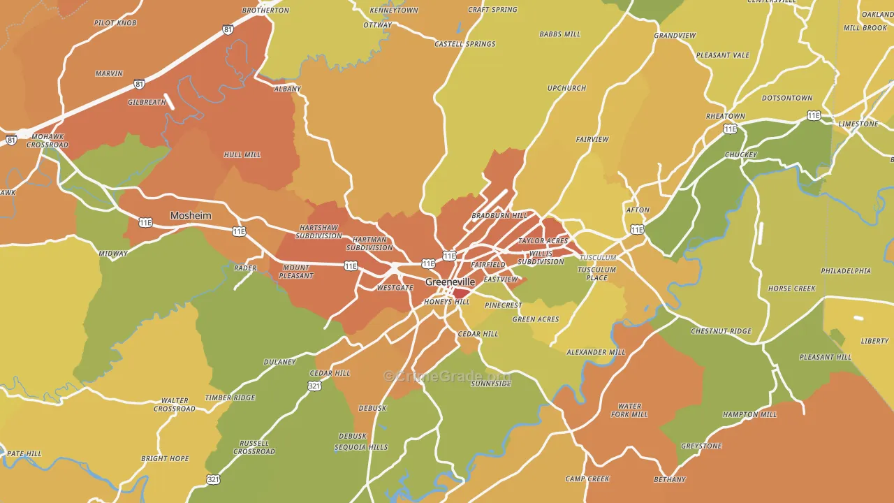 Greene County, TN Map of Burglary Rates