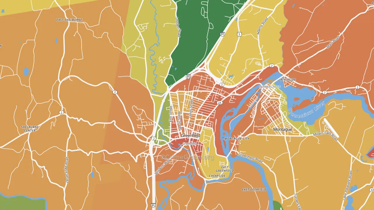 Greenfield, MA Map of Burglary Rates