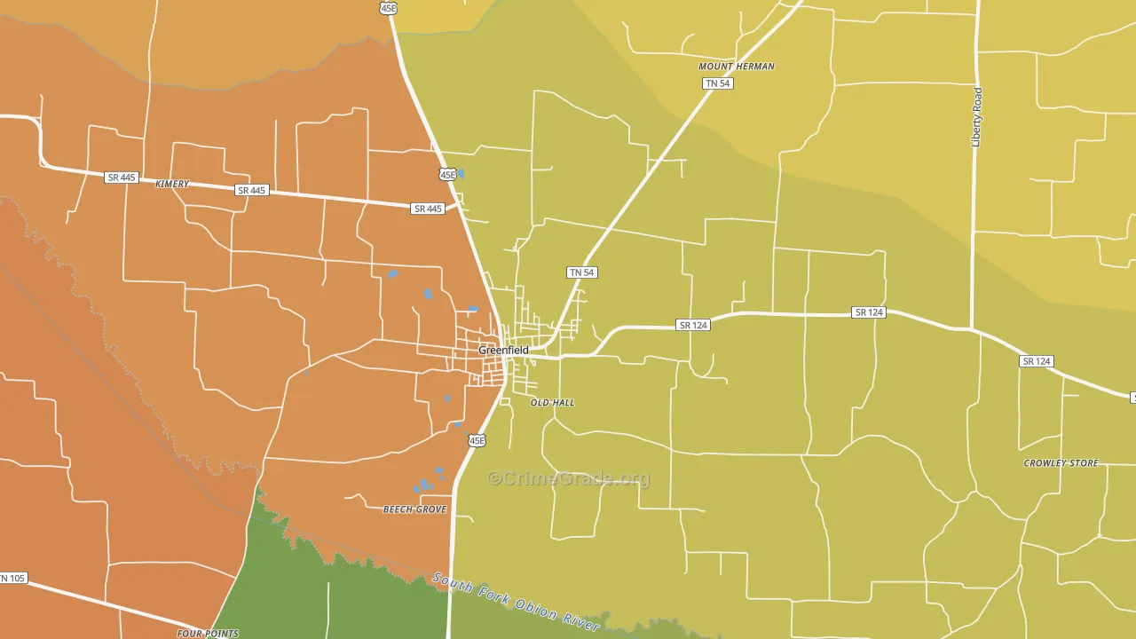 Greenfield, TN Map of Burglary Rates