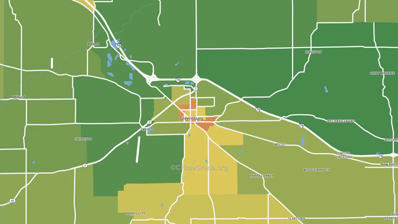 Greensburg, IN Map of Burglary Rates