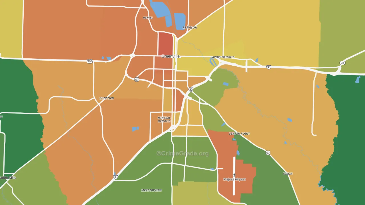 Greenville, TX Map of Burglary Rates