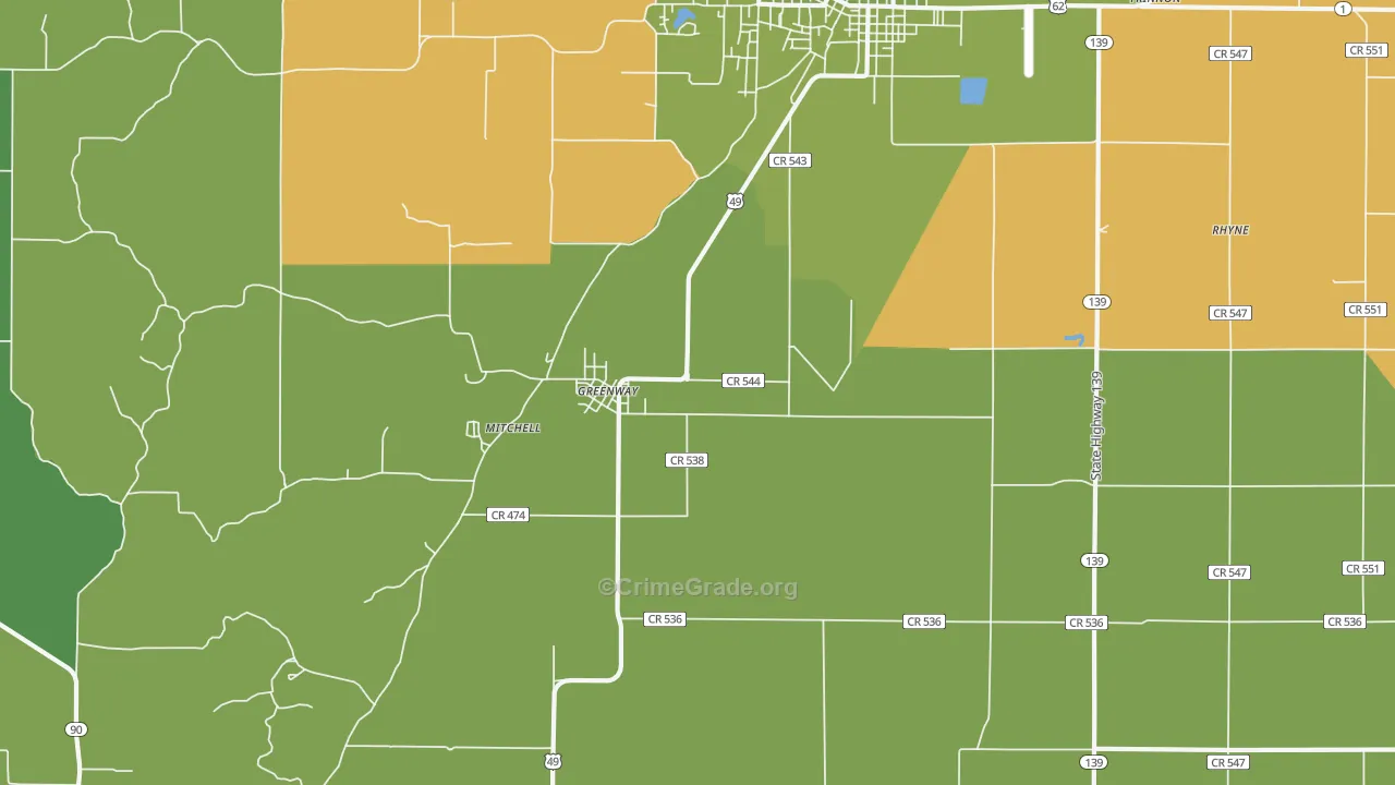Greenway, AR Map of Burglary Rates