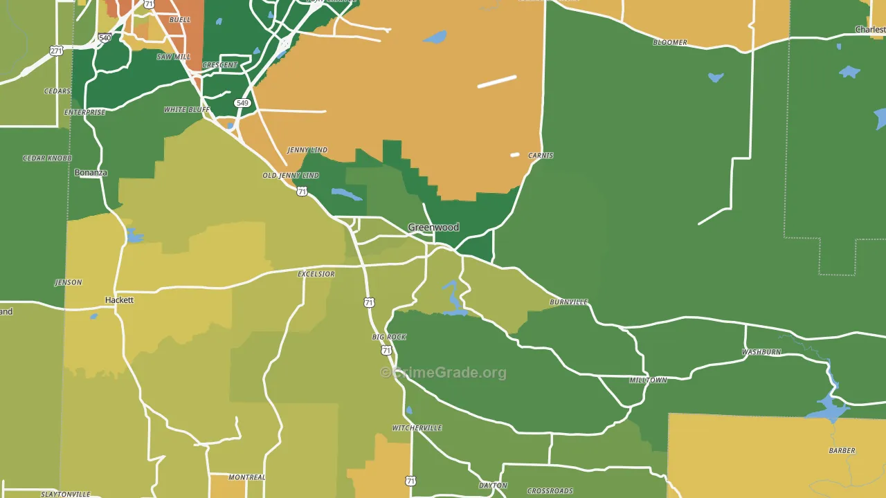 Greenwood, AR Map of Burglary Rates