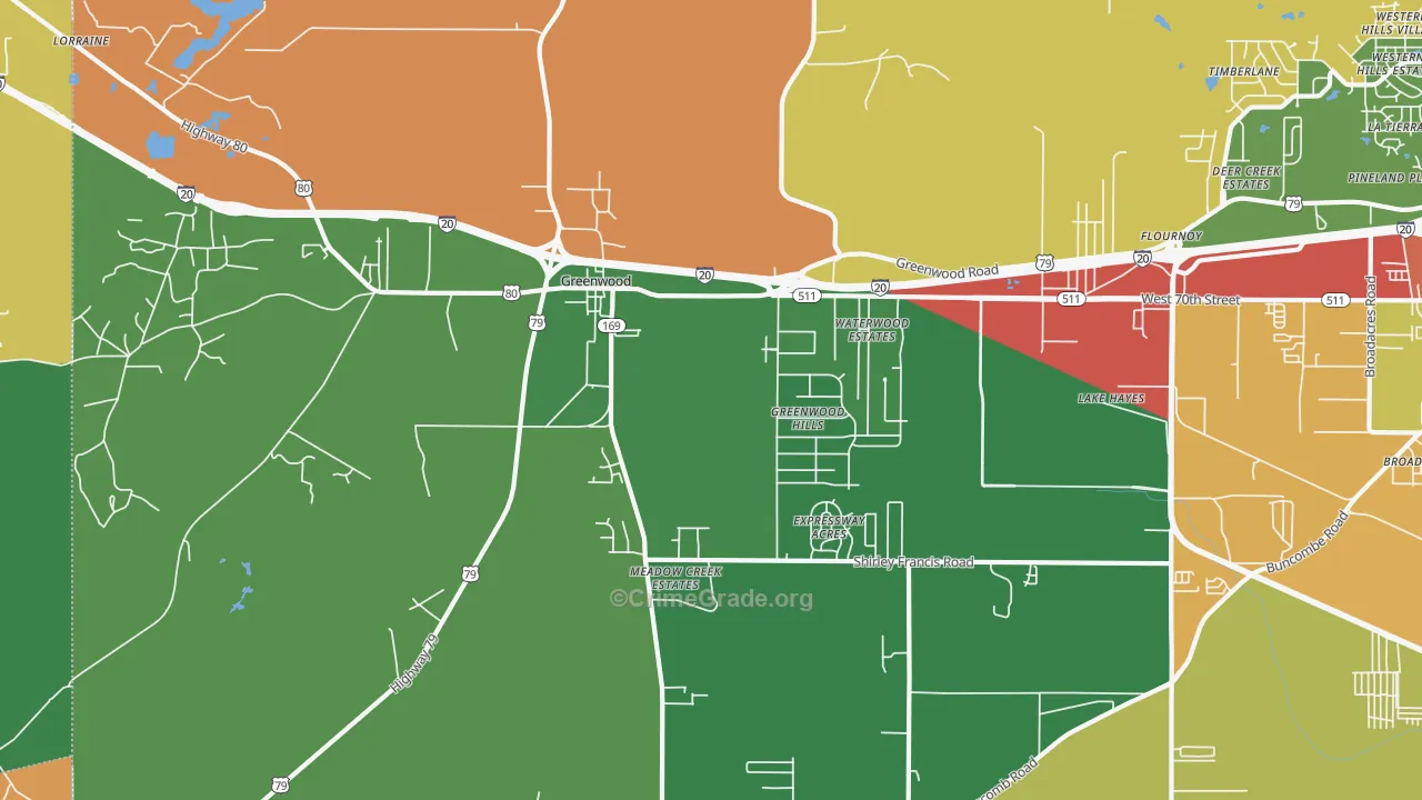Greenwood, LA Map of Burglary Rates