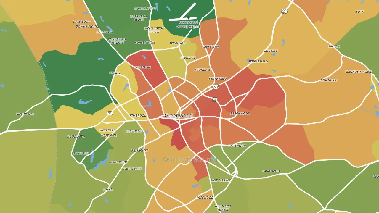 Greenwood, SC Map of Burglary Rates