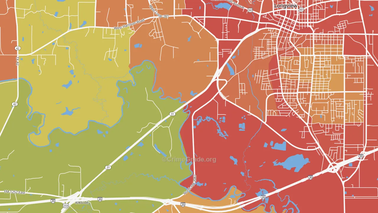 Greggton, TX Map of Burglary Rates