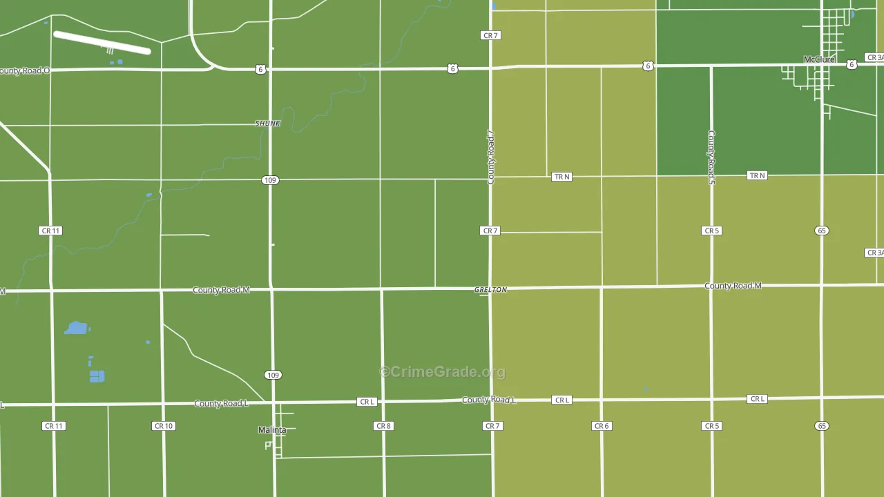 Grelton, OH Map of Burglary Rates