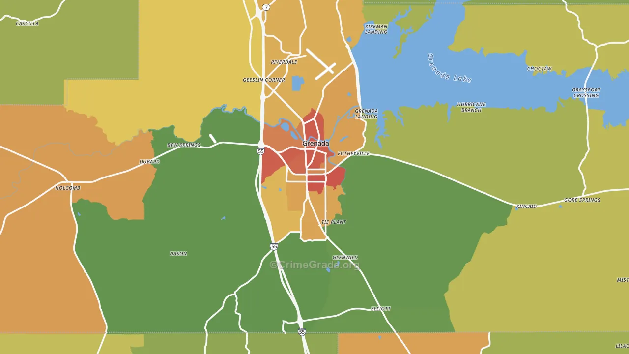 Grenada County, MS Map of Burglary Rates