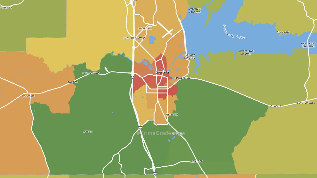 Grenada, MS Map of Burglary Rates