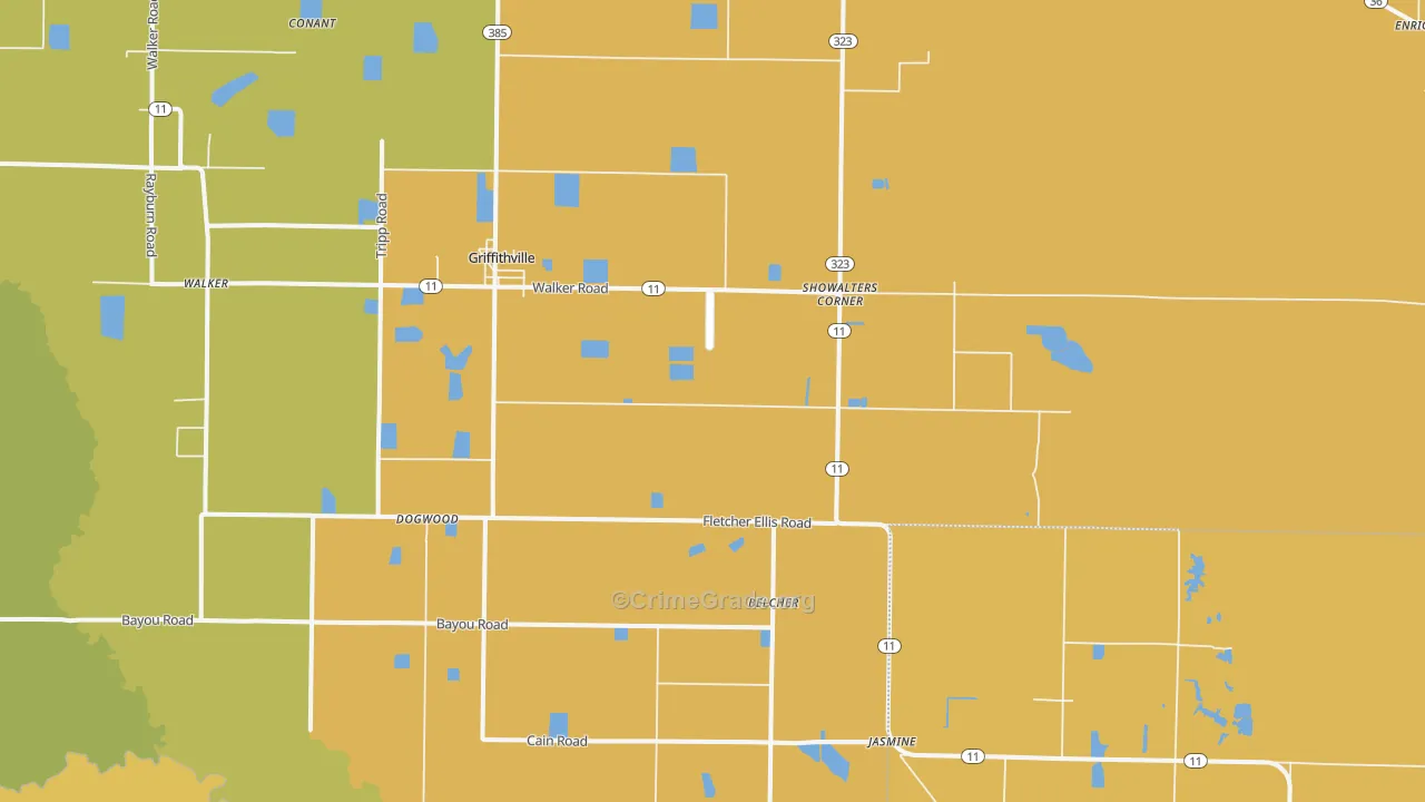 Griffithville, AR Map of Burglary Rates