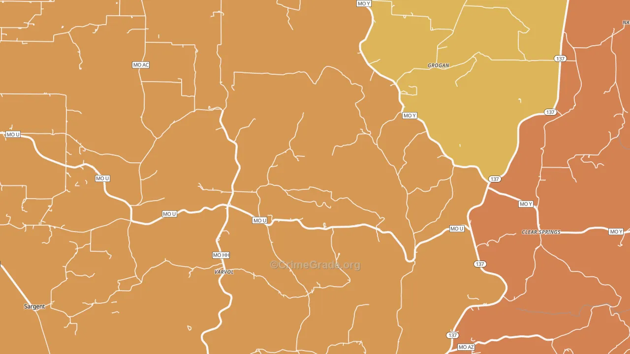 Grogan, MO Map of Burglary Rates