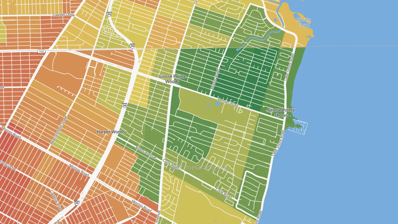 Grosse Pointe Woods, MI Map of Burglary Rates