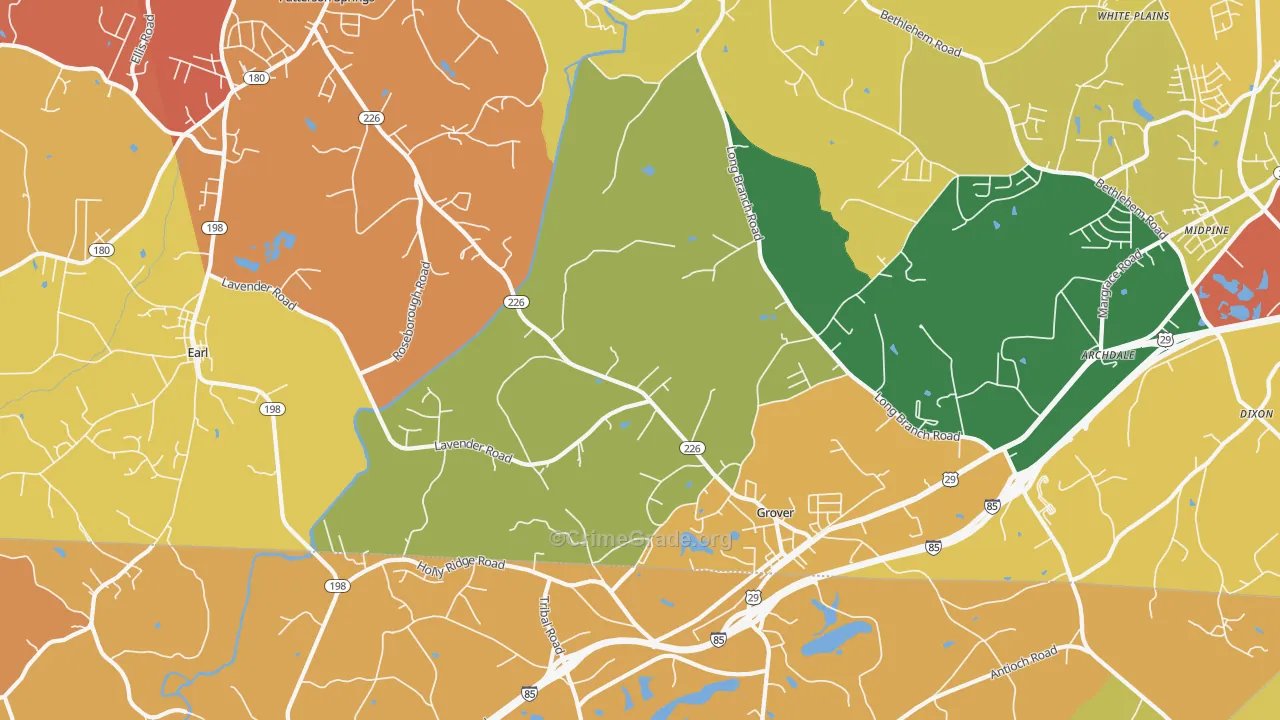 Grover, NC Map of Burglary Rates