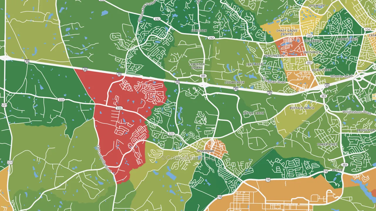 Grovetown, GA Map of Burglary Rates