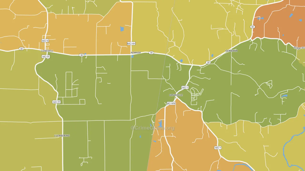 Grubville, MO Map of Burglary Rates