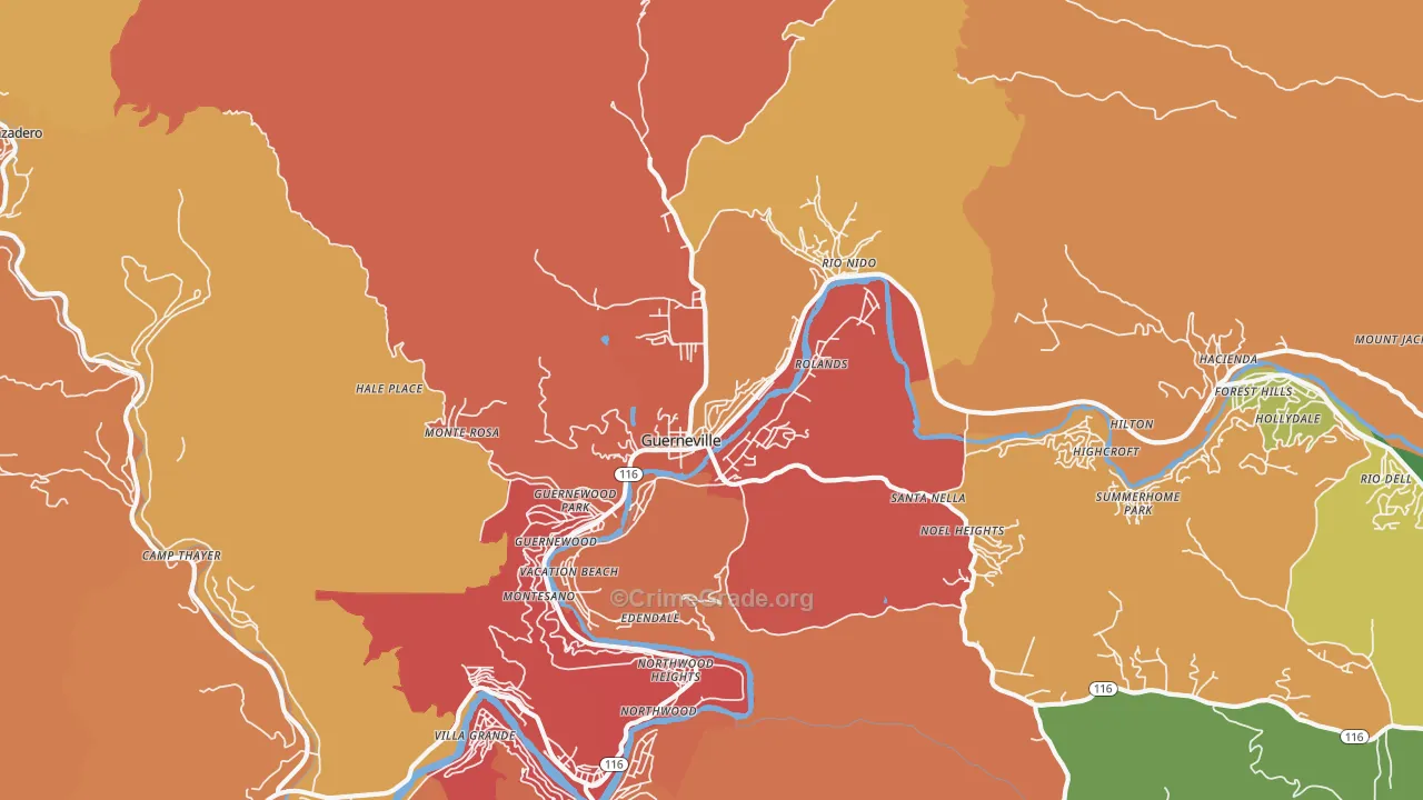 Guerneville, CA Map of Burglary Rates