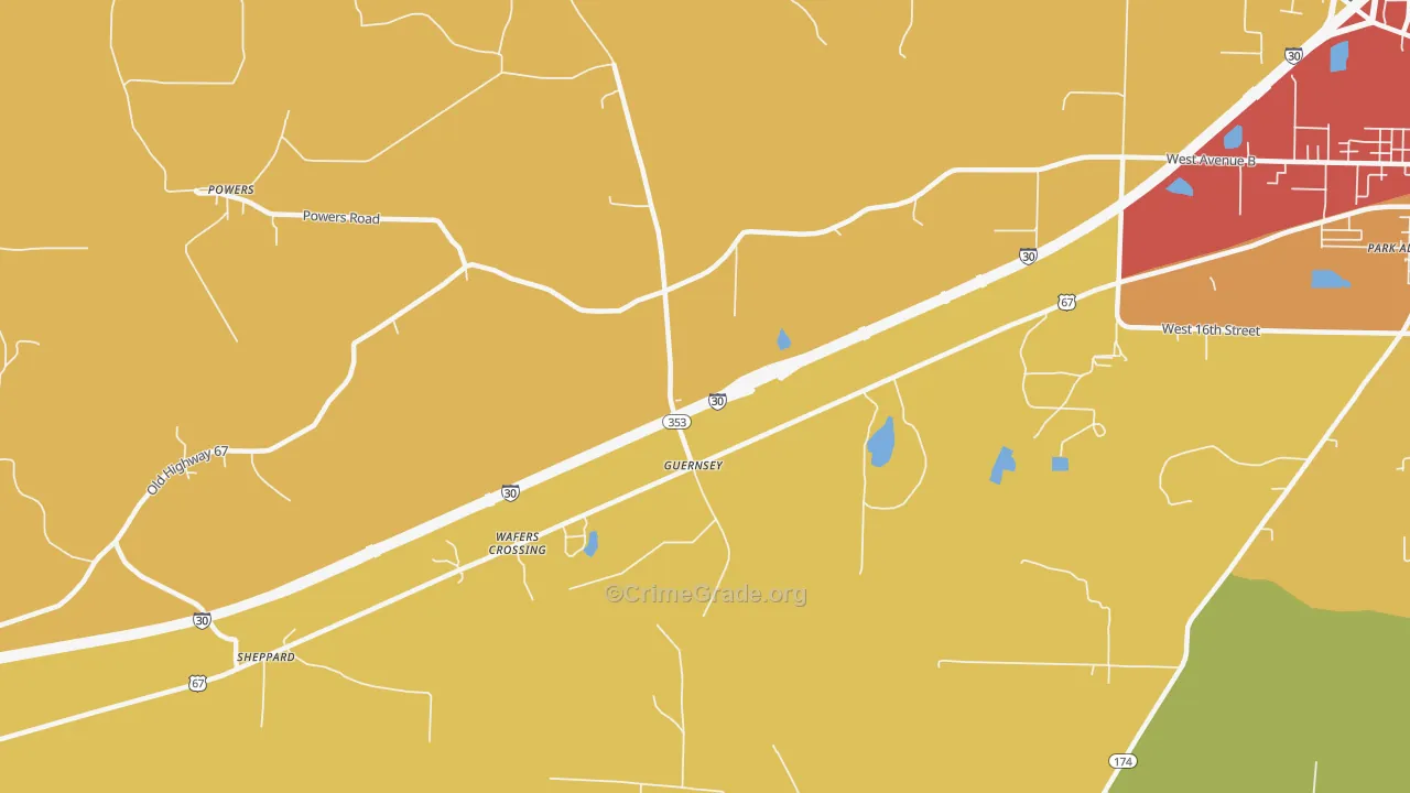 Guernsey, AR Map of Burglary Rates