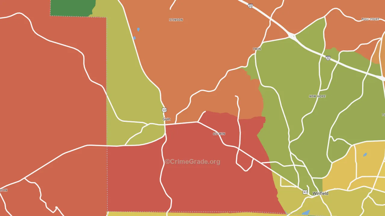 Guin, AL Map of Burglary Rates