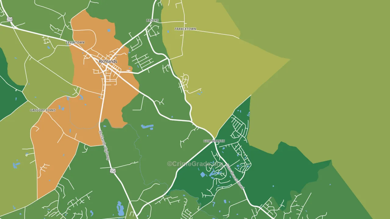 Gum Branch, NC Map of Burglary Rates