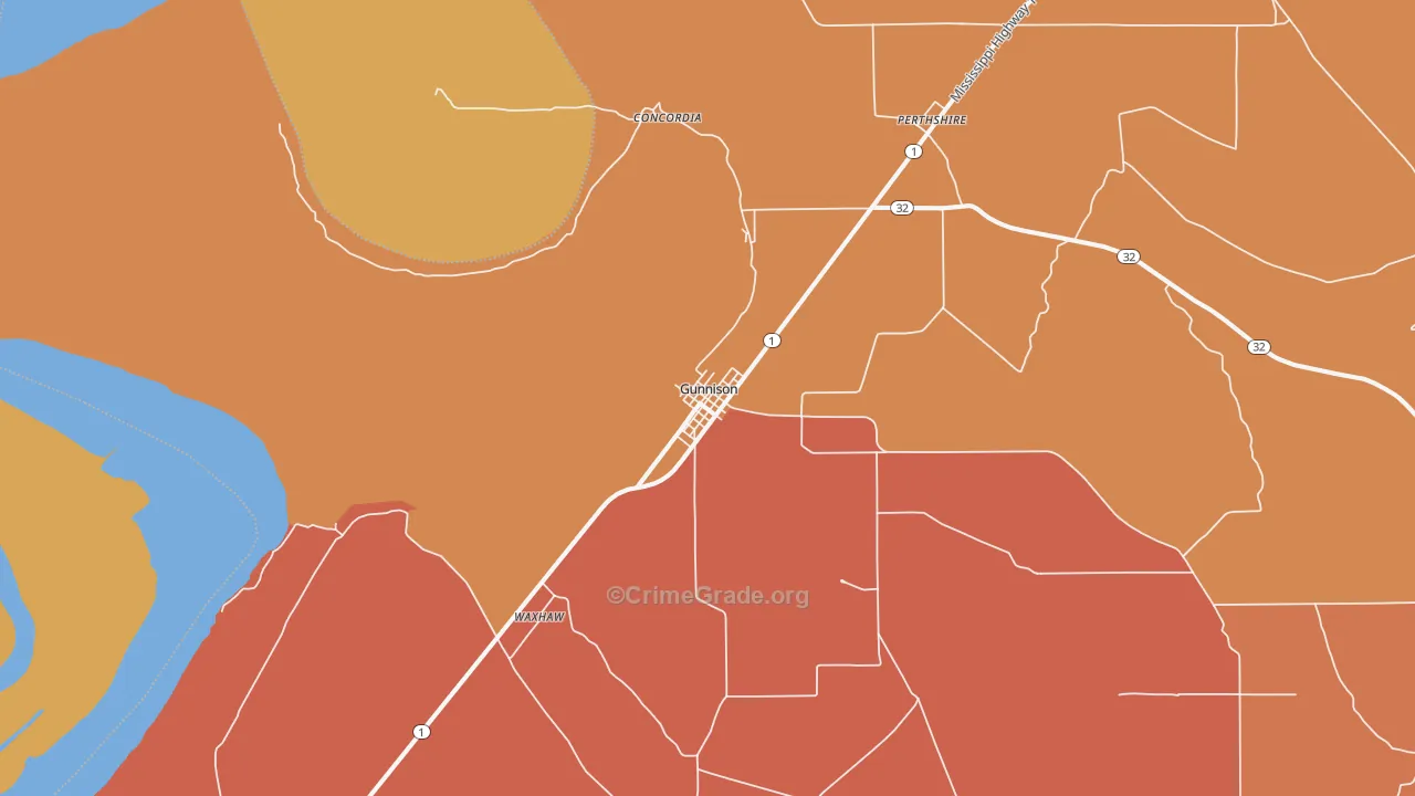 Gunnison, MS Map of Burglary Rates